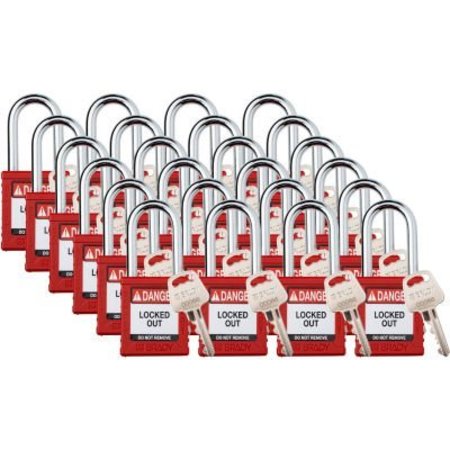 BRADY Brady Safety Lockout Padlock, Keyed Different, 1-1/2in, Plastic/Steel, Red, 24/PK SDPL-RED-38ST-KD24